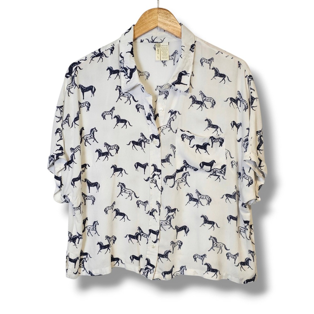 Japna Button Down Shirt L Women White Blue Horse Print Boxy Western Cowgirl Boho